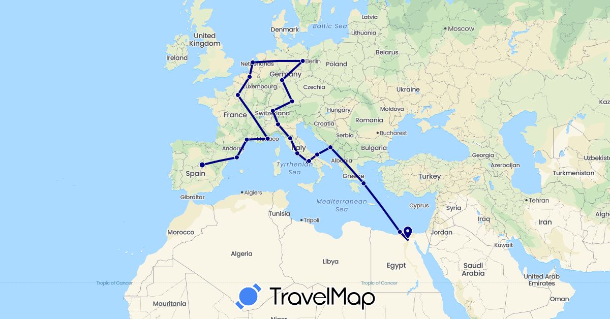 TravelMap itinerary: driving in Belgium, Switzerland, Germany, Egypt, Spain, France, Greece, Croatia, Italy, Monaco, Netherlands, Vatican City (Africa, Europe)